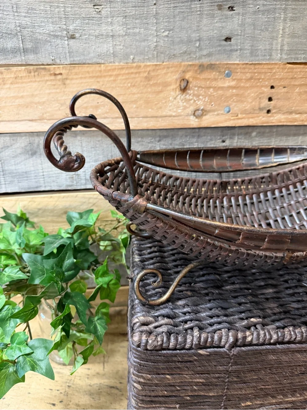 Oval  Wrought Iron and  Woven Dark Brown Decorative Fruit Basket with Handles